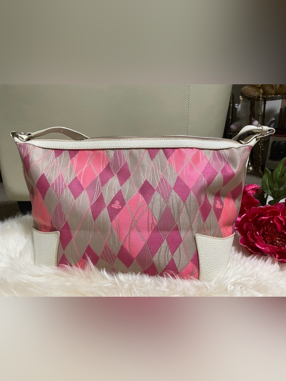 Vintage Vivienne Westwood Pink Patterned Shoulder Bag with Cream Trim